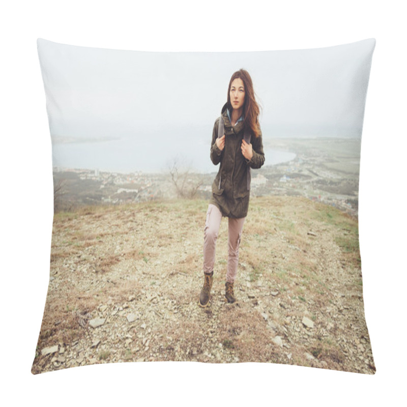 Personality  Hiker Girl Walking Up On Mountain  Pillow Covers