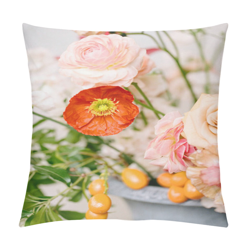 Personality  A Stunning Floral Arrangement Showcases Soft Pastel Roses And Delicate Poppies, Accented By Bright Orange Berries, In A Stylish Vase, Bringing Vibrancy To Any Setting. Pillow Covers