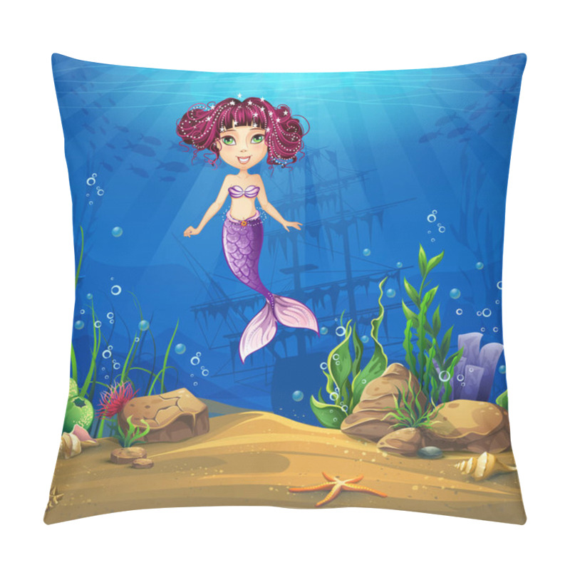 Personality  Undersea World With Brunette Mermaid. Marine Life Landscape - The Ocean And The Underwater World With Different Inhabitants. For Design Websites And Mobile Phones, Printing. Pillow Covers