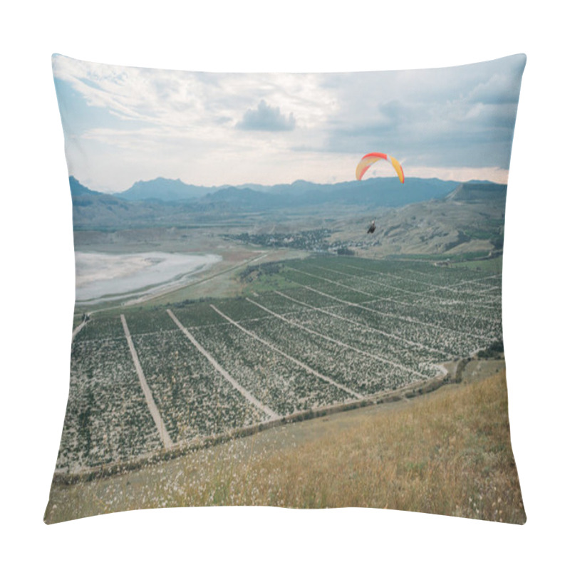 Personality  Parachute In The Sky Over Field In Hillside Area Of Crimea, Ukraine, May 2013 Pillow Covers