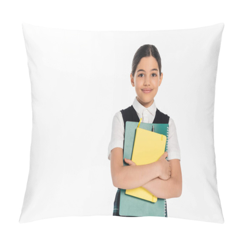 Personality  Happy Schoolgirl Standing With Notebooks In Hands And Looking At Camera Isolated On White, Student Pillow Covers