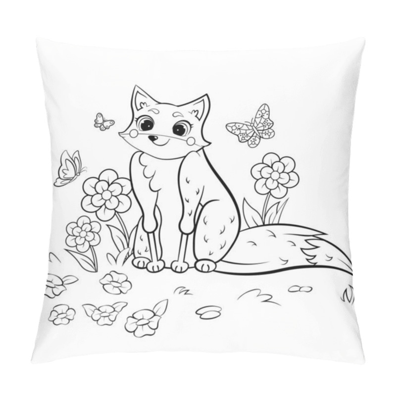 Personality  Coloring Page Outline Of Cute Cartoon Fox And Butterflies. Vector Image With Forest Background. Coloring Book Of Forest Wild Animals For Kids. Pillow Covers