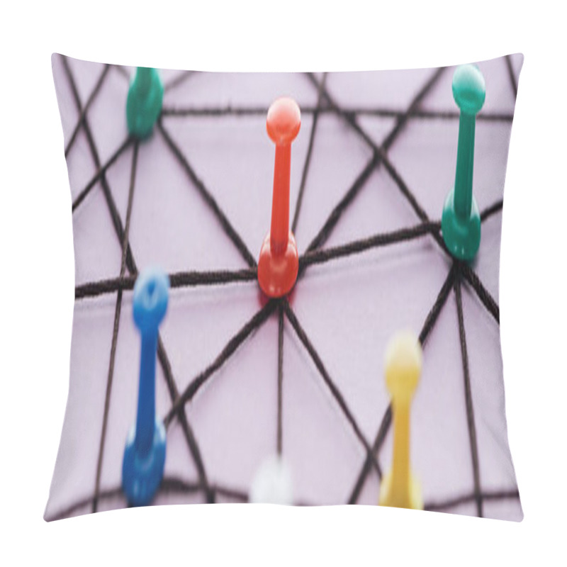 Personality  Panoramic Shot Of Push Pins Connected With Strings Isolated On Pink, Network Concept Pillow Covers