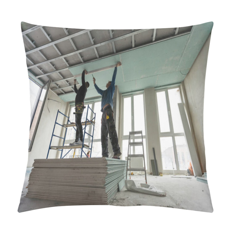 Personality  Construction Worker Assemble A Suspended Ceiling With Drywall And Fixing The Drywall To The Ceiling Metal Frame With Screwdriver. Renovation, Construction And Do It Yourself. High Quality Photo Pillow Covers