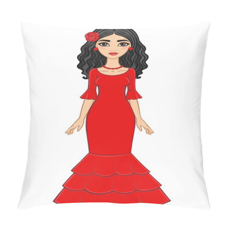 Personality  Animation Spanish Girl In A Red Dress. Isolated On A White Background. Pillow Covers