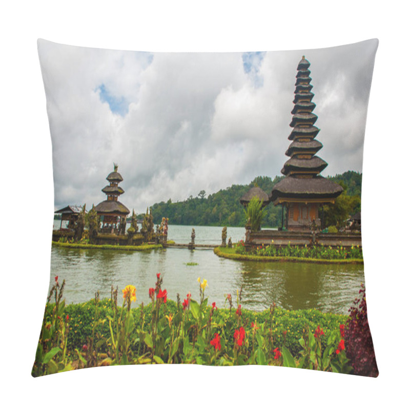 Personality  Pura Ulun Danu Batur Temple In Lake With Flowers. Bali, Indonesia. Pillow Covers