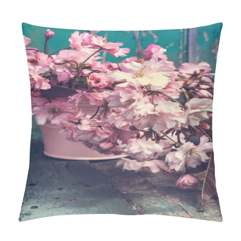 Personality  Romantic Spring Background With A Vase Of Japanese Cherry Blossoms On Wooden Table Pillow Covers