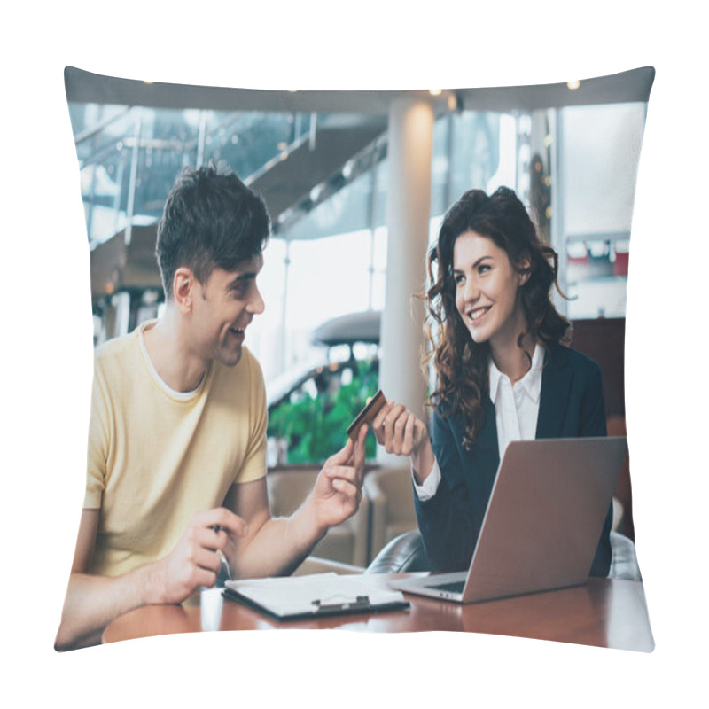 Personality  Smiling Car Dealer And Customer Sitting At Table In Car Showroom And Holding Credit Card Pillow Covers