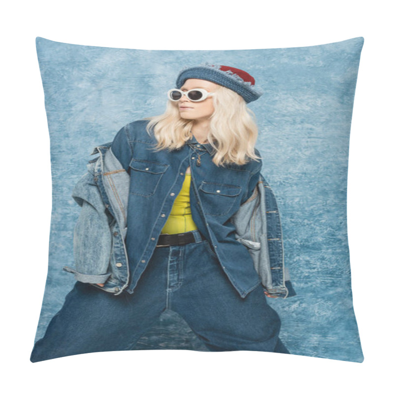 Personality  Blonde Woman In Denim Panama Hat And Sunglasses Posing Near Blue Textured Background   Pillow Covers