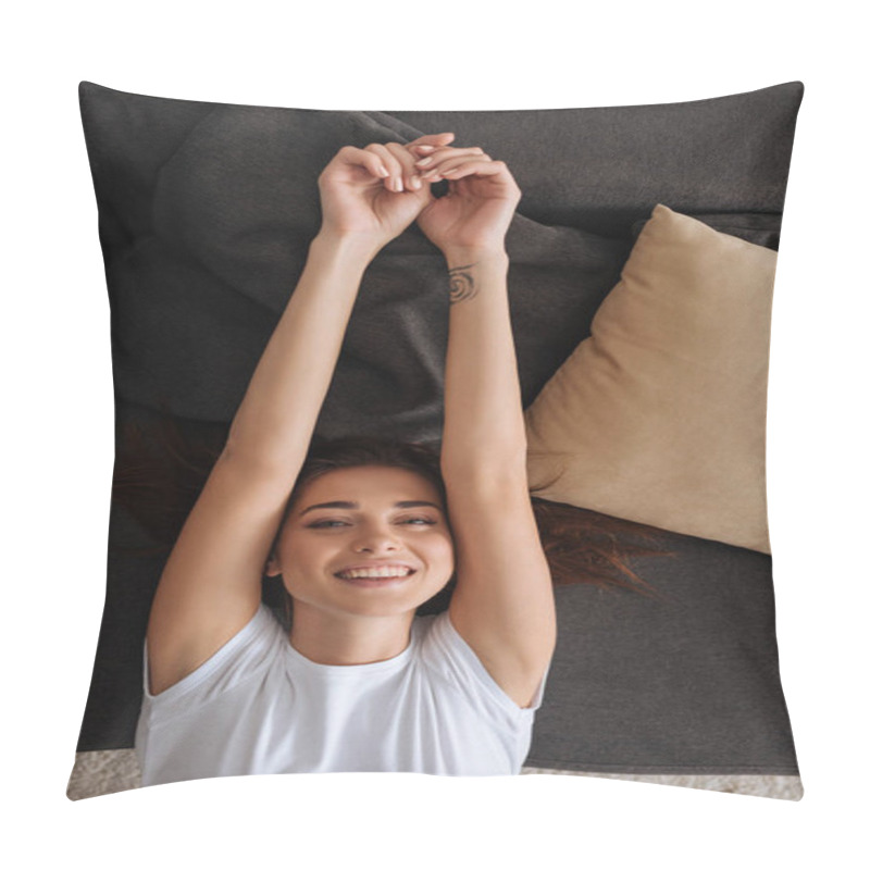 Personality  Top View Of Cheerful Tattooed Girl Looking At Camera While Chilling On Sofa  Pillow Covers