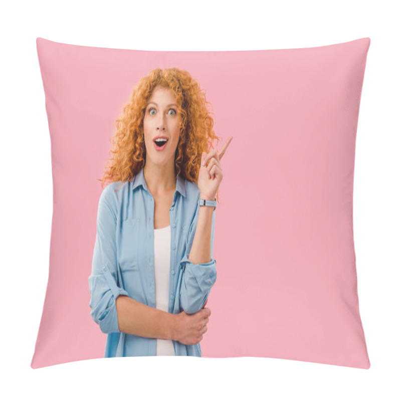 Personality  Attractive Excited Redhead Woman Having Idea Isolated On Pink Pillow Covers