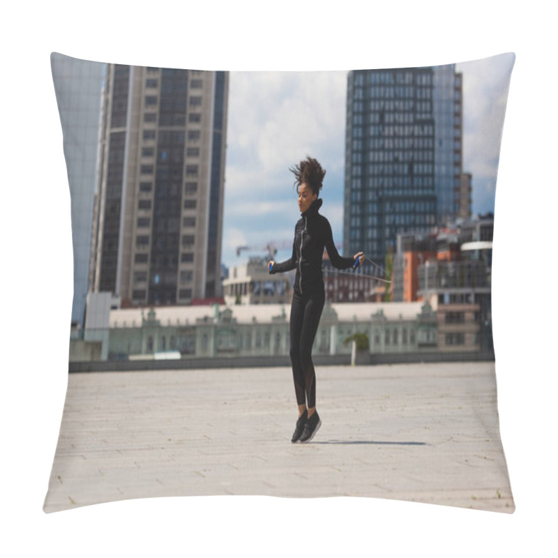 Personality  African American Sportswoman Exercising With Skipping Rope On Urban Street  Pillow Covers