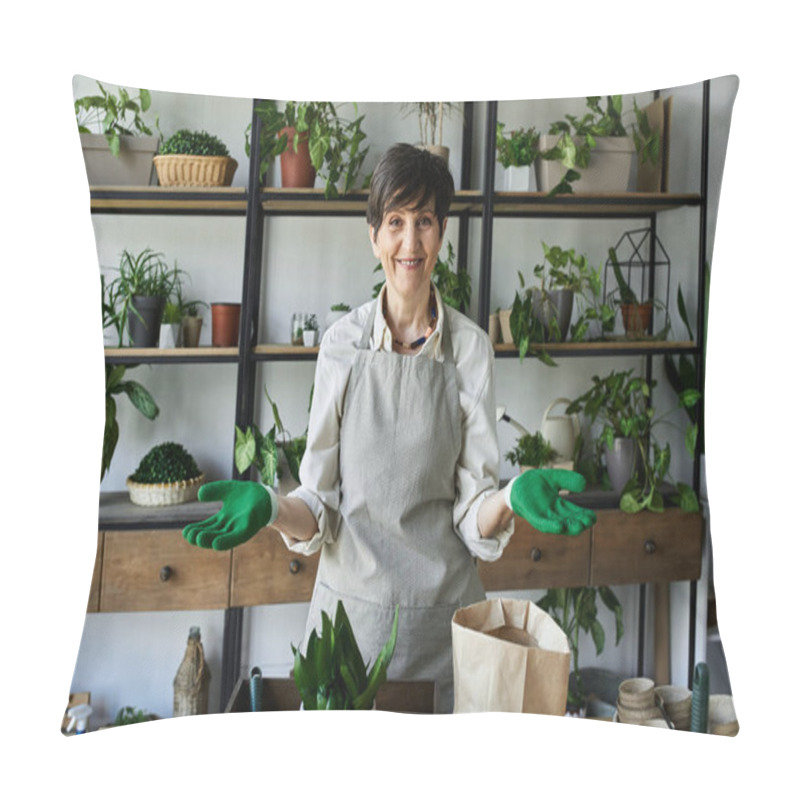 Personality  A Woman With Green Gloves Happily Cares For Her Thriving Plants. Pillow Covers