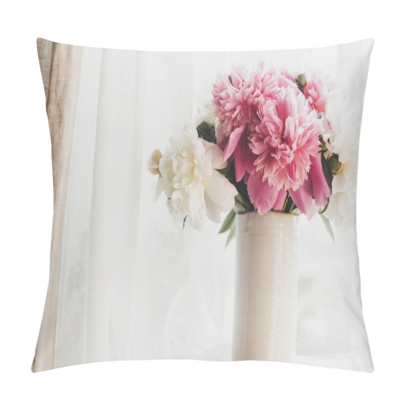 Personality  Happy Mothers Day. Lovely Peony Bouquet In Sunny Light On Rustic Wooden Window Sill. Stylish Pink And White Peonies In Vase On Wooden Background. Copy Space. Hello Spring. Pillow Covers