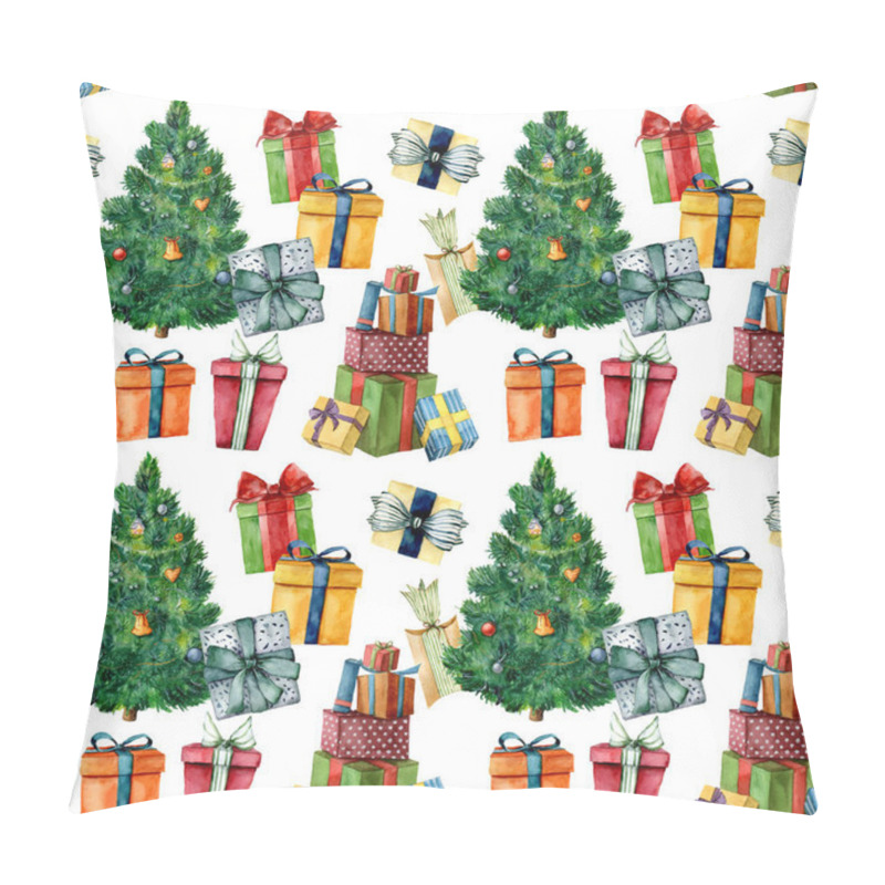 Personality  Watercolor Pattern With Christmas Tree And Presents. Hand Painted Pine Tree With Toys, Gift Boxes With Bows Isolated On White Background. Holiday Illustration For Design, Print, Fabric. Pillow Covers