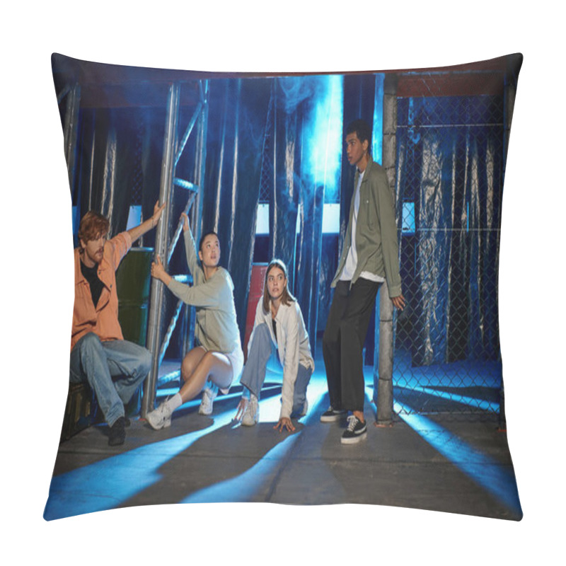 Personality  Group Of Thrilled Interracial Friends In Casual Wear Solving Mystery In Escape Room, Investigation Pillow Covers