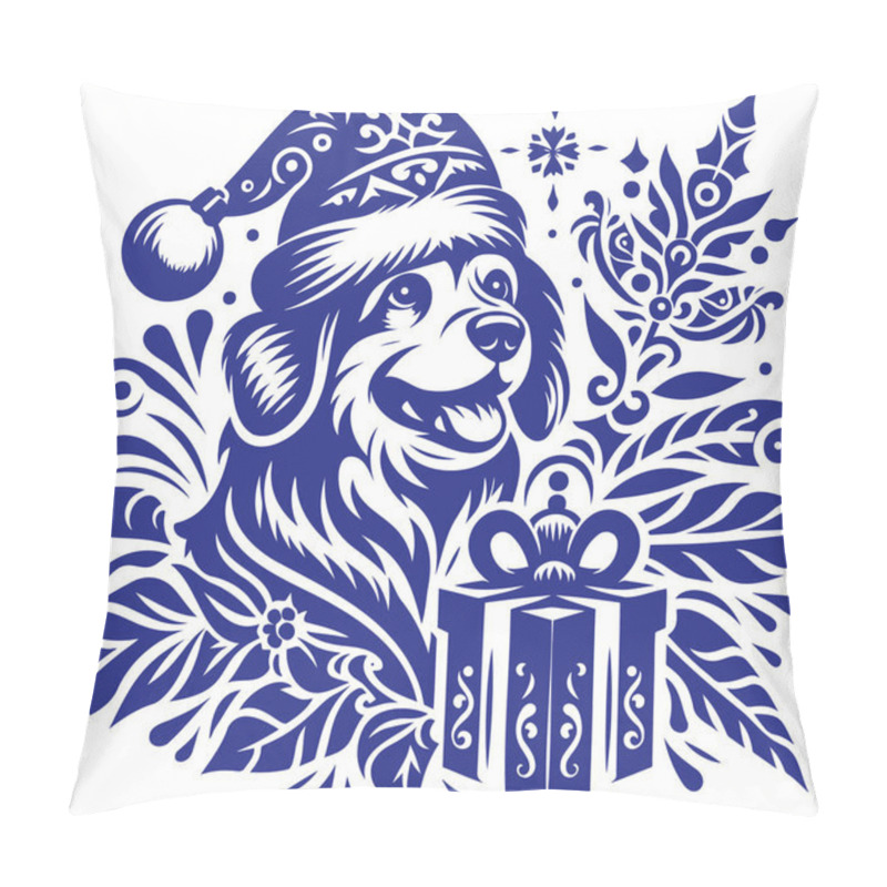 Personality  Holiday Illustration Of Cute Dog In Santa Hat Holding Gift Box Vector Engraving Style Suitable For Holiday Cards And Decorations Pillow Covers