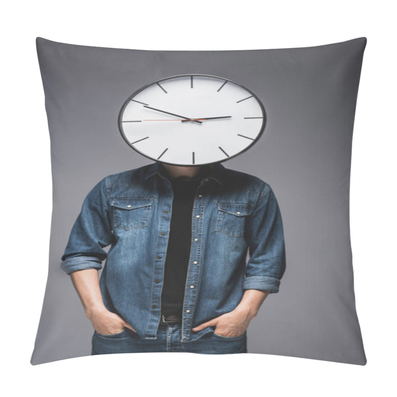 Personality  Young Man With Clock On Head And Hands In Pockets Of Jeans On Grey Background, Concept Of Time Management  Pillow Covers