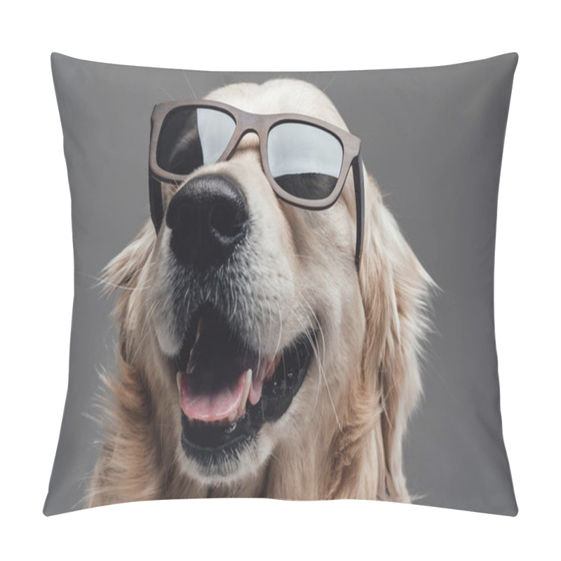 Personality  Headshot Of A Pretty Dog Wearing Sunglasses In Gray Background Pillow Covers