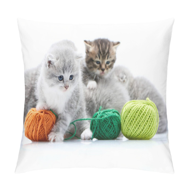 Personality  Small Grey Fluffy Adorable Kitten Is Playing With Orange Yarn Ball While Other Kitties Are Playing With Green Wool Balls In White Photo Studio Pillow Covers