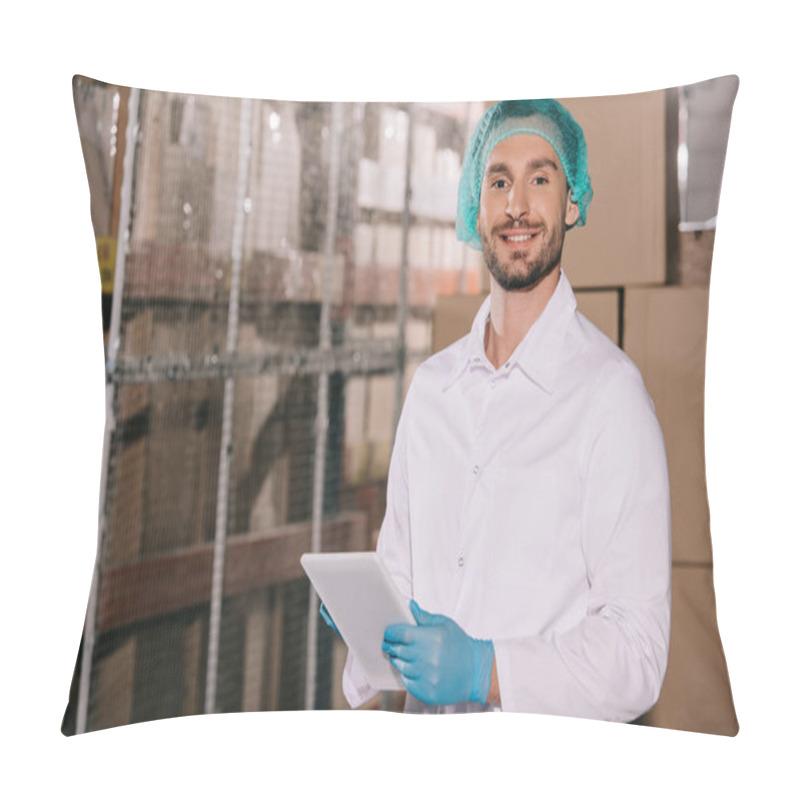 Personality  Cheerful Storekeeper In White Coat And Hairnet Holding Digital Tablet And Looking At Camera Pillow Covers