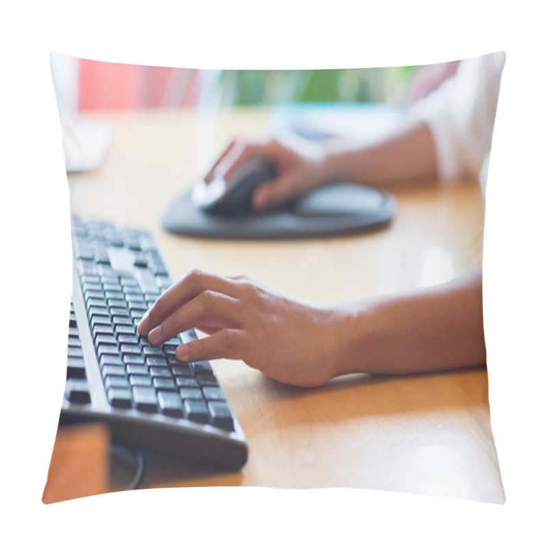 Personality  Close Up Of Female Hands With Keyboard And Mouse Pillow Covers