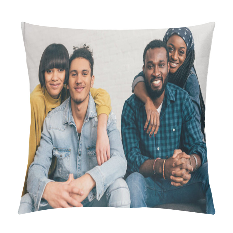 Personality  Two Young Smiling Couples Sitting On Couch And Looking At Camera Pillow Covers