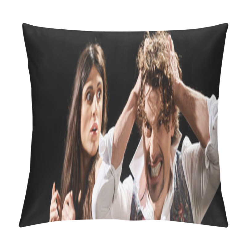 Personality  A Man And A Woman Stand Side By Side, Rehearsing In A Theater. Pillow Covers