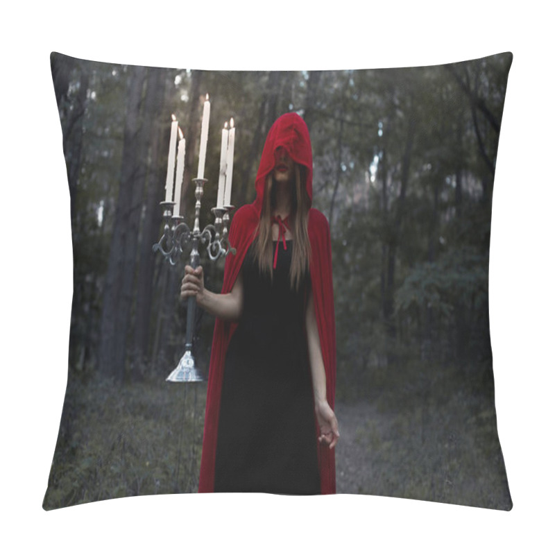 Personality  Mystic Girl In Red Cloak And Hood Holding Candelabrum With Candles In Dark Forest Pillow Covers