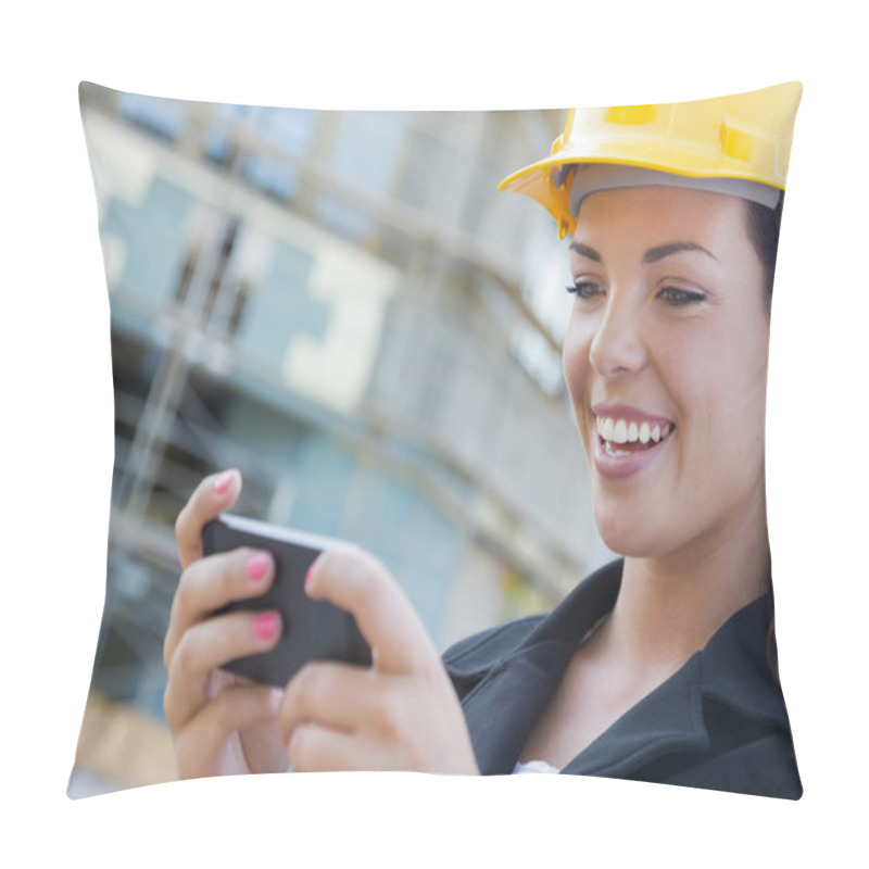 Personality  Female Contractor Wearing Hard Hat On Site Texting With Phone Pillow Covers