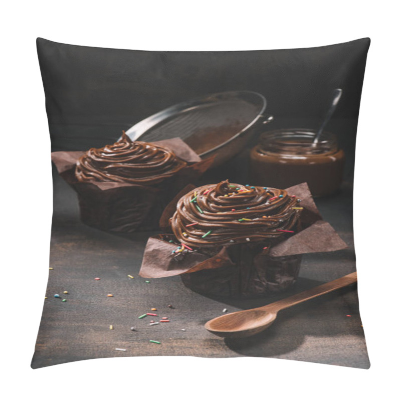 Personality  Yummy Chocolate Cooked Cupcakes And Sieve On Table Pillow Covers