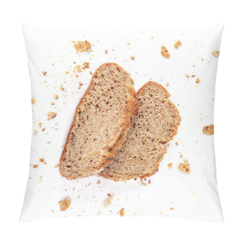 Personality  Bread Toasts  Isolated On  White Background. Crumbs And Bread Slices Close Up. Bakery, Food Concept. Top View Pillow Covers