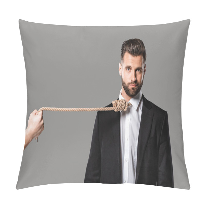 Personality  Depressed Businessman In Black Suit With Noose On Neck Near Murderer With Rope Isolated On Grey Pillow Covers