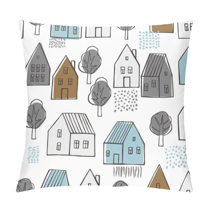 Personality  Hand Drawn Cute  Houses And Trees On White Background.  Vector  Seamless Pattern. Pillow Covers