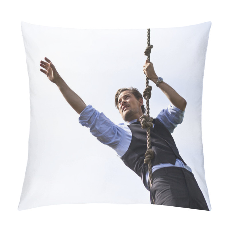 Personality  Determined Businessman Climbing A Rope, Reaching Pillow Covers