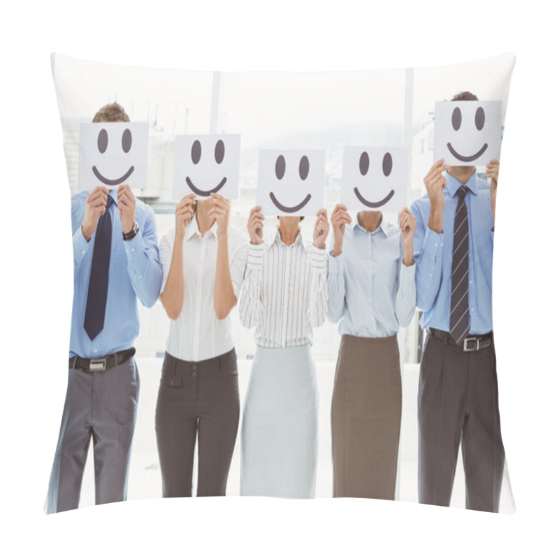 Personality  Business People Holding Happy Smileys On Faces Pillow Covers