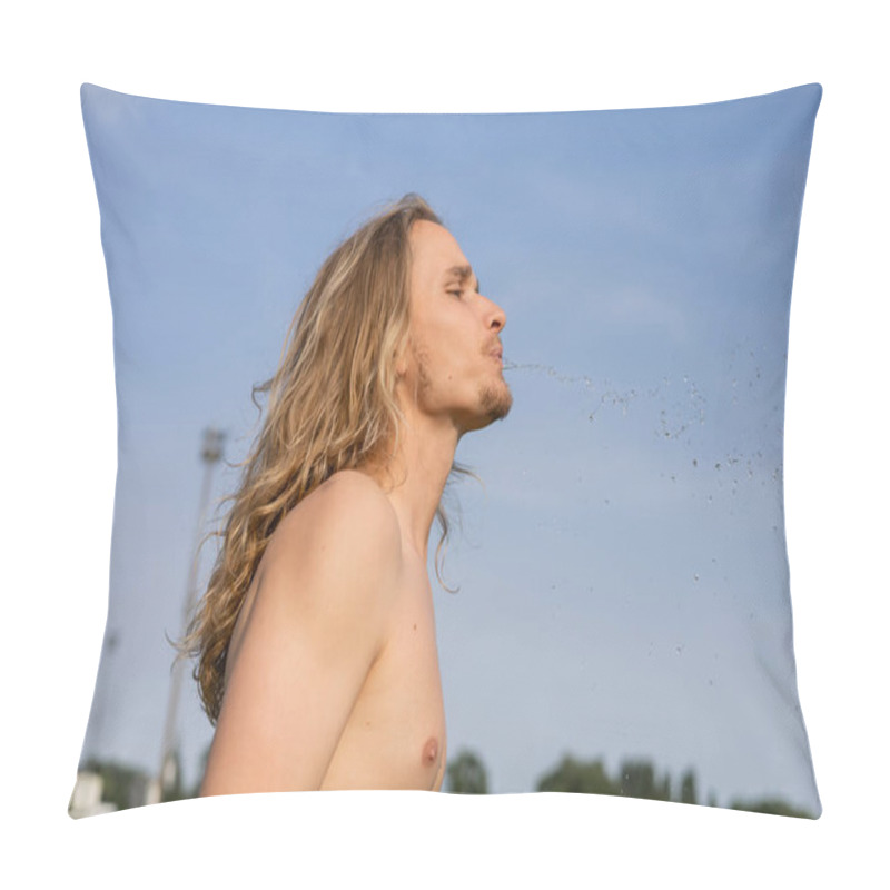 Personality  Side View Of Shirtless Long Haired Man Spitting Out Fresh Water While Doing Pranayama Exercise Outdoors Pillow Covers