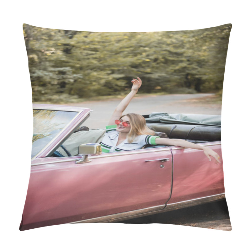 Personality  Excited Young Woman In Sunglasses Sitting In Retro Cabriolet With Hand In Air Pillow Covers