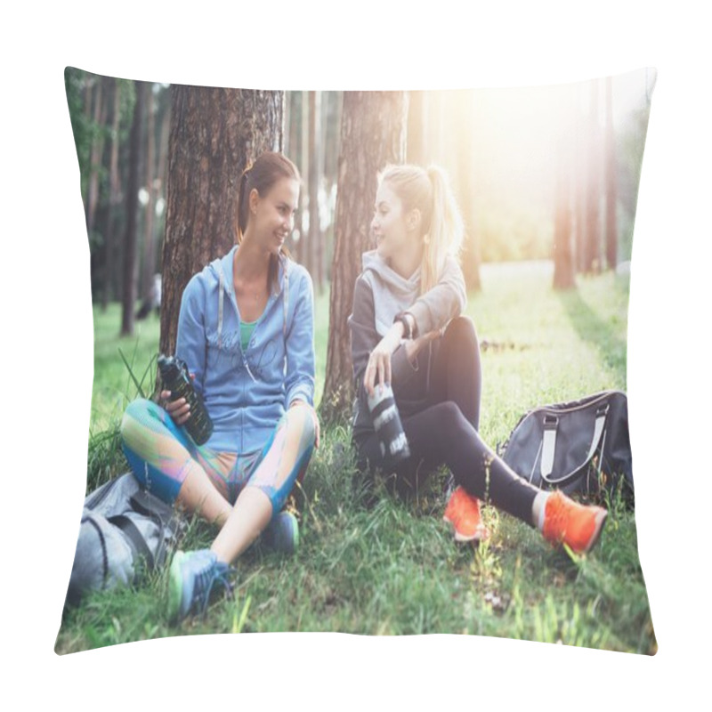 Personality  Two Young Women In Sportswear Sitting Under Trees In The Forest Drinking Water, Talking And Resting After Training Outdoors Pillow Covers