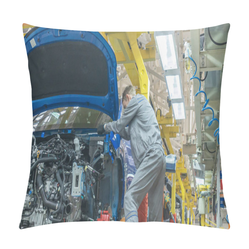 Personality  A Car Being Manufactured On An Assembly Line. Car Production Line. Pillow Covers