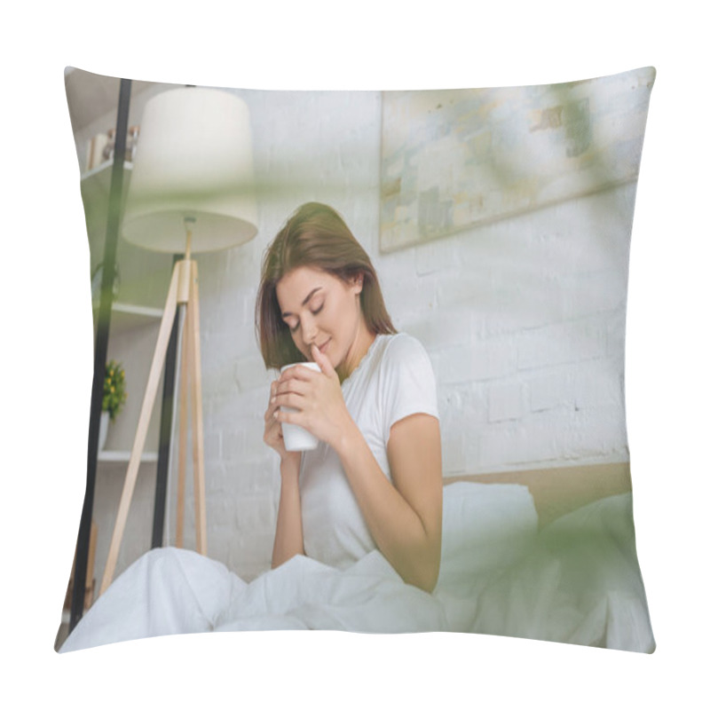 Personality  Selective Focus Of Cheerful Young Woman Holding Cup With Tea In Bed  Pillow Covers