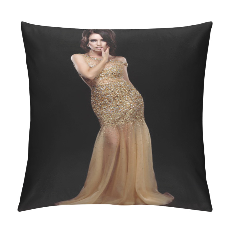 Personality  Elegance. Aristocratic Lady In Golden Long Dress Over Black Background Pillow Covers