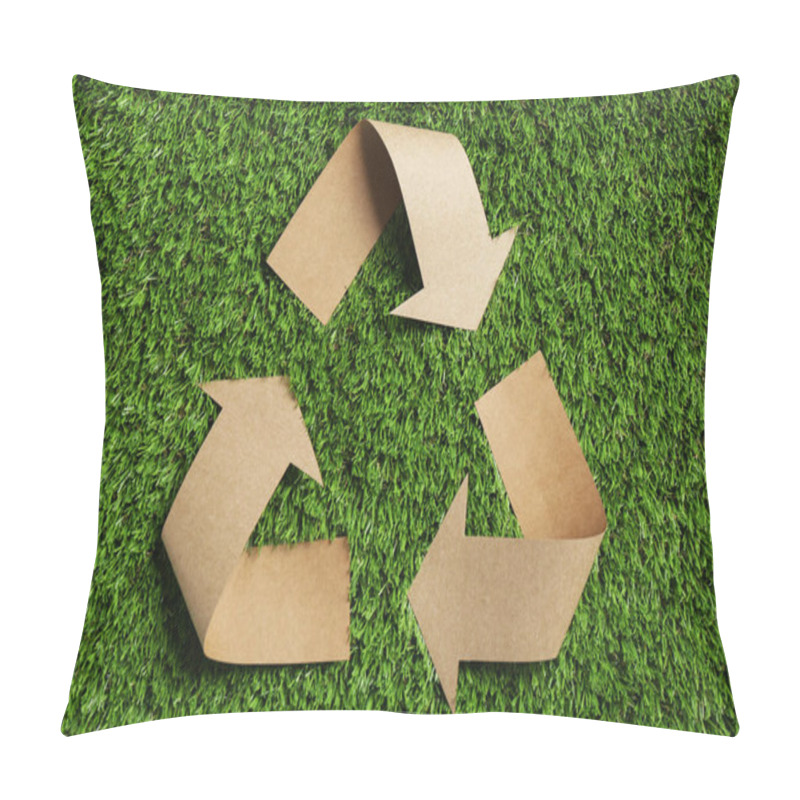 Personality  Recycling Symbol Cut Out Of Kraft Paper On Green Grass, Top View Pillow Covers