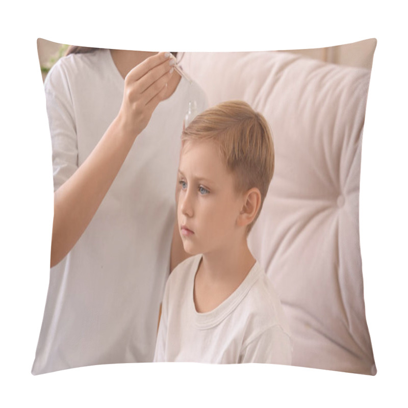 Personality  Mother Applying Remedy On Her Little Son's Head For Pediculosis At Home, Closeup Pillow Covers