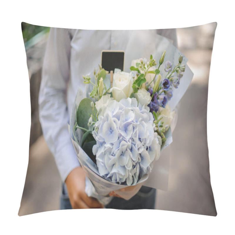 Personality  Boy Holding A Festive Bright Bouquet Of Flowers In Blue Tones Pillow Covers