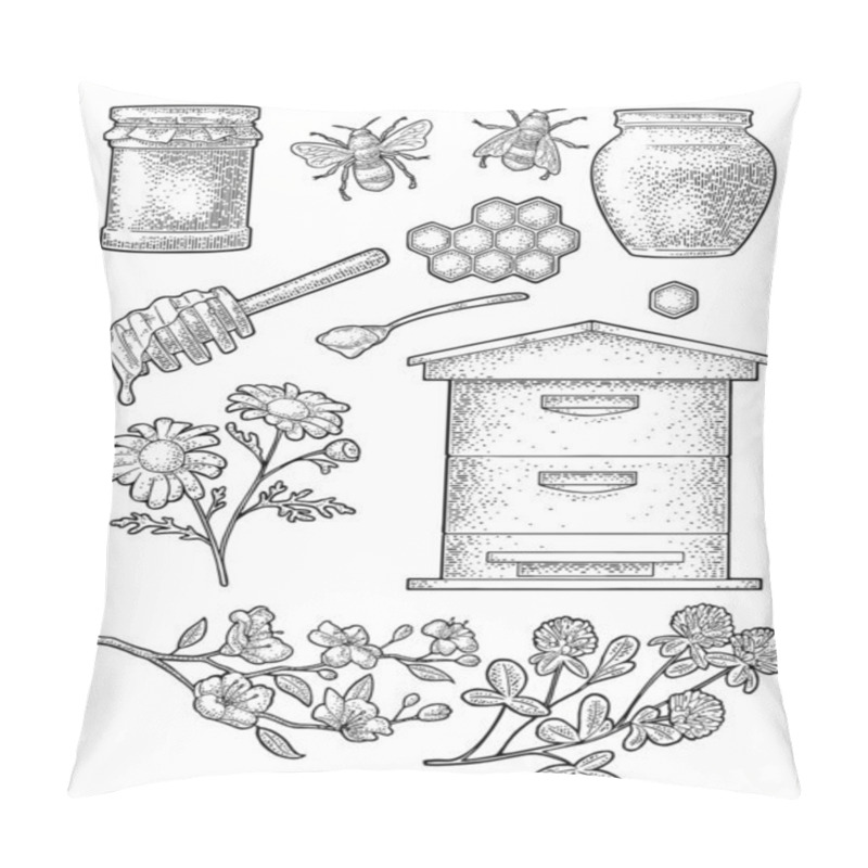 Personality  Honey Set. Jars, Bee, Hive, Spoon, Honeycomb, Clover, Cherry Branch And Honeycomb. Vector Vintage Black Engraving Illustration. Isolated On White Background Pillow Covers