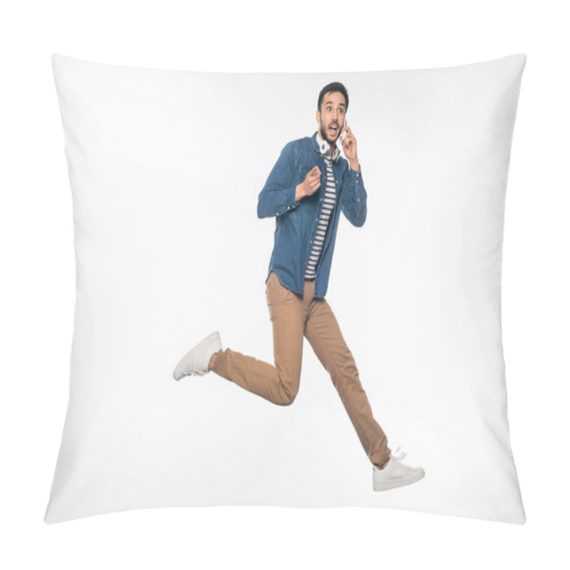 Personality  Excited Man Levitating While Talking On Smartphone And Looking Away On White Pillow Covers