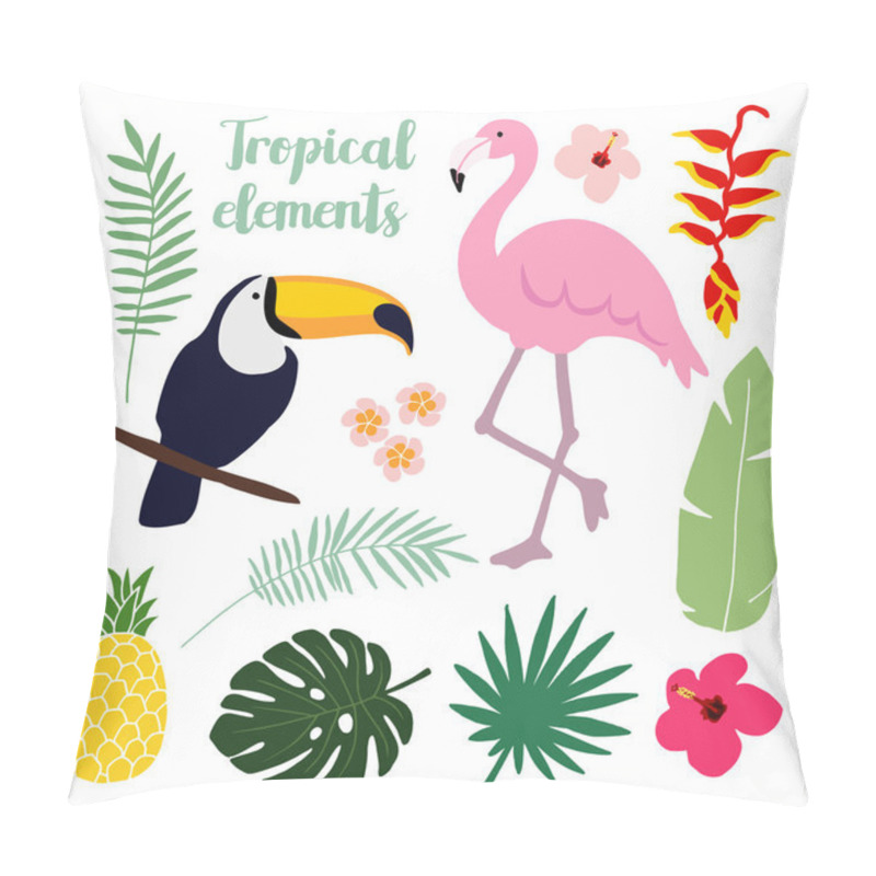 Personality  Summer Tropical Elements. Toucan And Flamingo Bird. Jungle Floral Illustrations, Palm Leaves, Vectors Pillow Covers