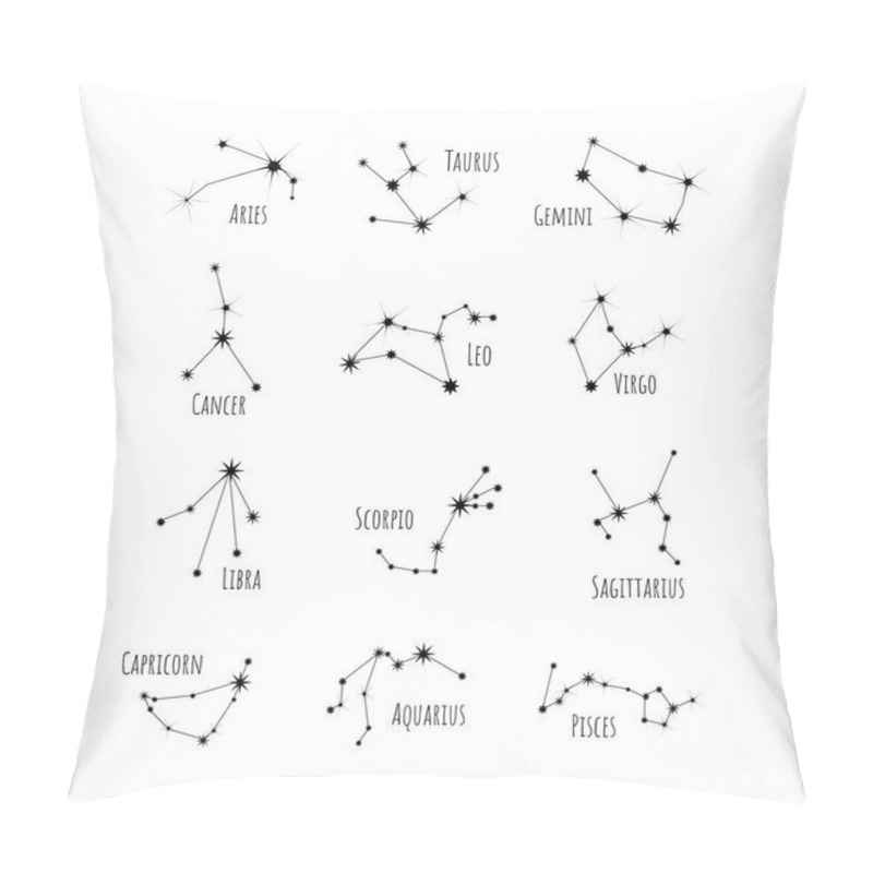 Personality  Collection Of 12 Signs Of The Zodiac Symbols. Astrological Constellations. Representation Of The Signs Of The Zodiac For The Astrological Horoscope. Stock Vector Illustration. Pillow Covers