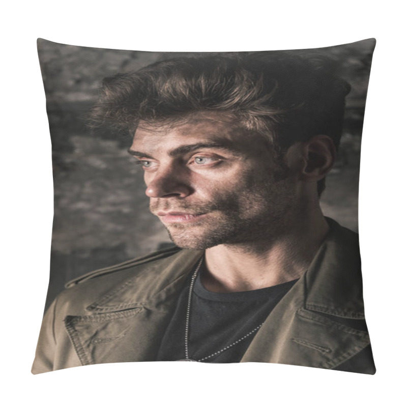 Personality  Handsome Man With Dirty Face Standing In Room, Post Apocalyptic Concept Pillow Covers